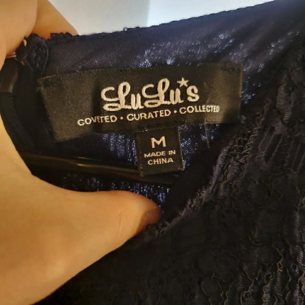 Lulus Take me to Brunch Navy Blue Lace Shift Dress M